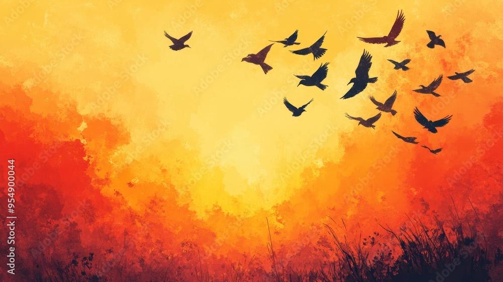 Birds Flying at Sunset, Watercolor Painting, Abstract Art, Nature Background. Birds Flying at Sunset, Watercolor Painting, Abstract Art, Nature Background.
