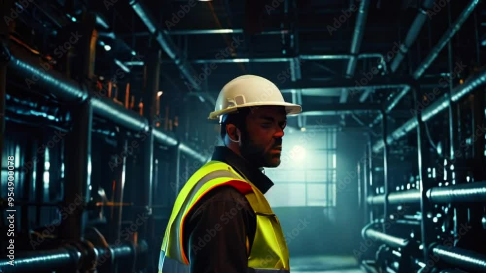 A worker in a hard hat and reflective vest is looking through the pipes in a dark industrial building. A worker in a hard hat and reflective vest is looking through the pipes in a dark industrial building.