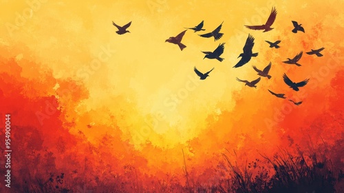 Birds Flying at Sunset, Watercolor Painting, Abstract Art, Nature Background.