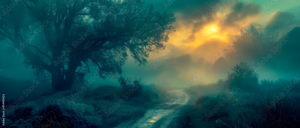 A forest with a tree in the foreground and a path leading to it at dawn A forest with a tree in the foreground and a path leading to it at dawn