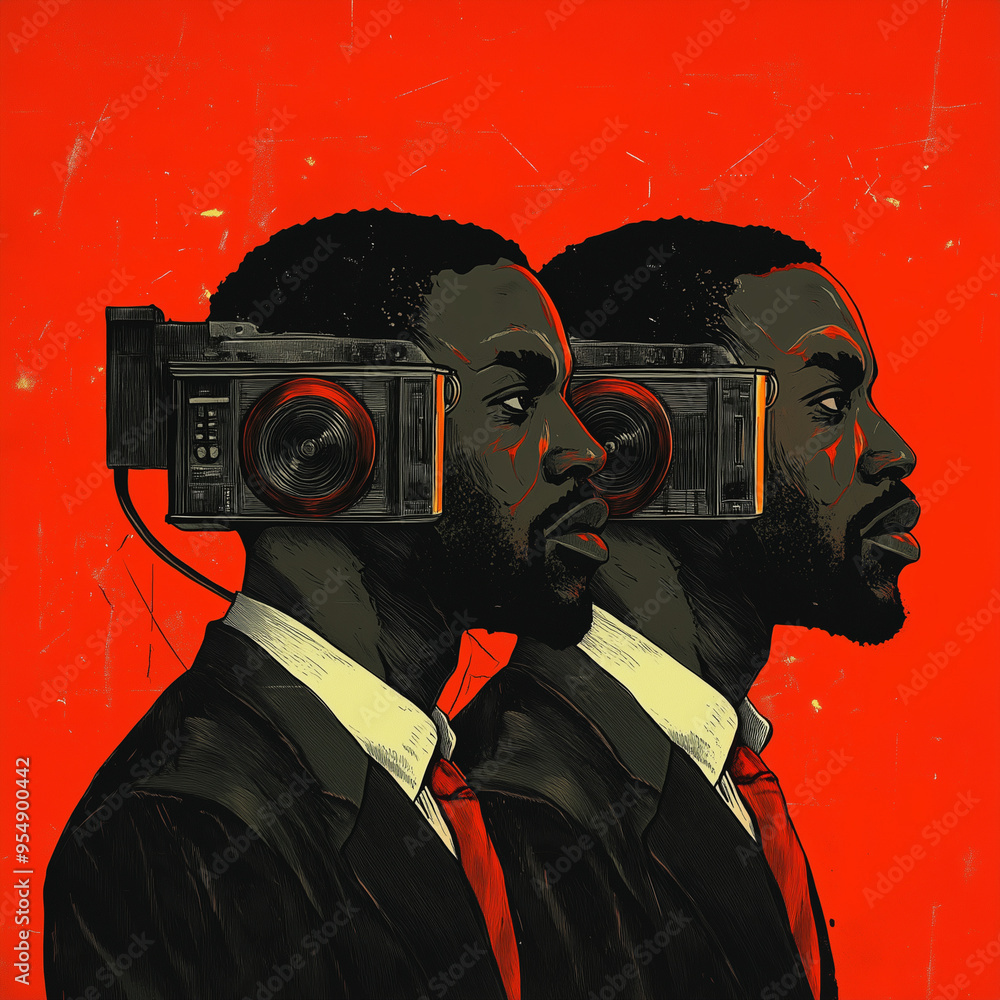Two men wearing suits and ties with a camera on their heads. The image ...