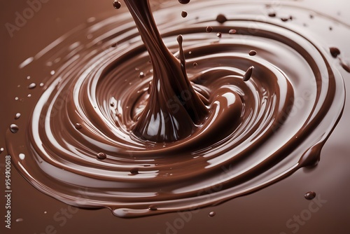 A playful swirling chocolate splash creating an intricate dynamic pattern with droplets, Ai Generated