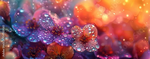 Close-up of colorful flowers seen through raindrop-covered glass, dreamy effect.