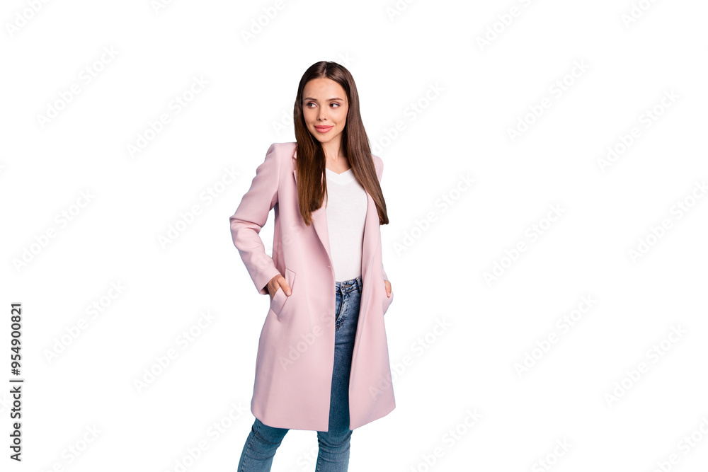 Photo of amazing lady enjoy warm weather wear pastel color demi-season coat and jeans isolated on blue background Photo of amazing lady enjoy warm weather wear pastel color demi-season coat and jeans isolated on blue background