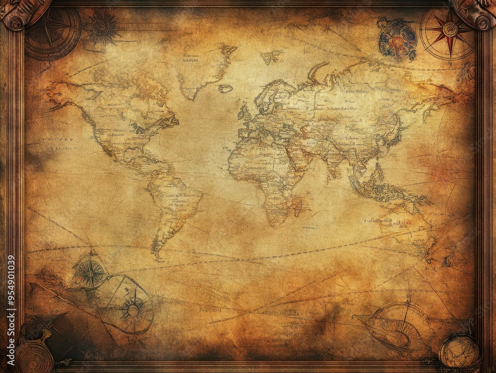 Fototapeta premium Vintage World Map with Compass Roses and Ornate Frame - Antique Cartography Background
