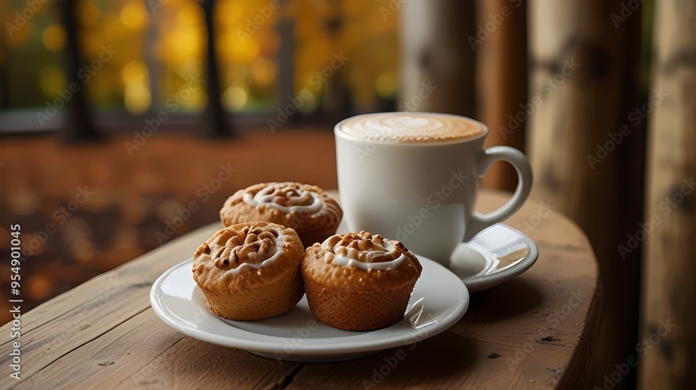 Latte on a Table with Baked Goods on the Side, Cozy Autumn Season Scene Latte on a Table with Baked Goods on the Side, Cozy Autumn Season Scene
