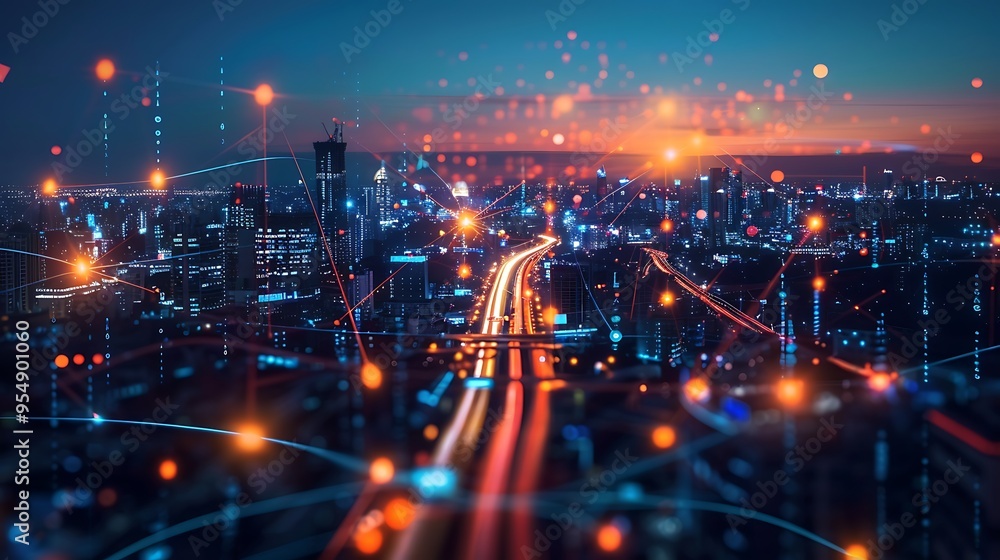 Aerial view of bustling cityscape at night with glowing lines for network connections representing interconnectedness of modern world digital communication technology concept. Aerial view of bustling cityscape at night with glowing lines for network connections representing interconnectedness of modern world digital communication technology concept.