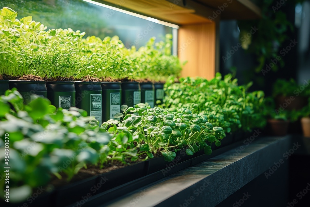 A cozy, urban kitchen with gardening setups featuring homegrown microgreens and fresh herbs. Generative AI A cozy, urban kitchen with gardening setups featuring homegrown microgreens and fresh herbs. Generative AI