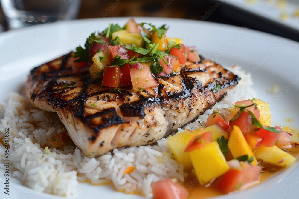 A serving of grilled mahi-mahi, topped with a tropical fruit salsa and served with a side of coconut rice. A serving of grilled mahi-mahi, topped with a tropical fruit salsa and served with a side of coconut rice.