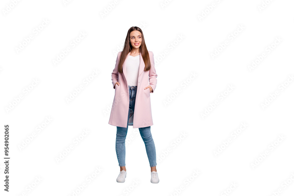 Full length photo of cool lady in good mood wear pastel color demi-season coat and jeans isolated blue background Full length photo of cool lady in good mood wear pastel color demi-season coat and jeans isolated blue background