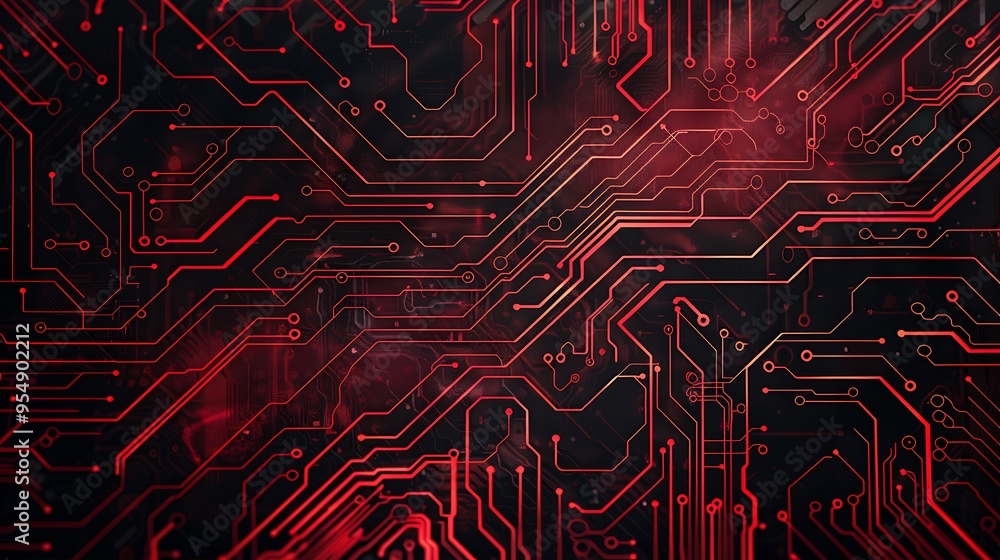 Close-up of a red circuit board with intricate patterns and lines. The background is dark, creating a stark contrast that highlights the glowing red circuitry.