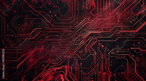 Close-up of a red circuit board with intricate patterns and lines. The background is dark, creating a stark contrast that highlights the glowing red circuitry. photo