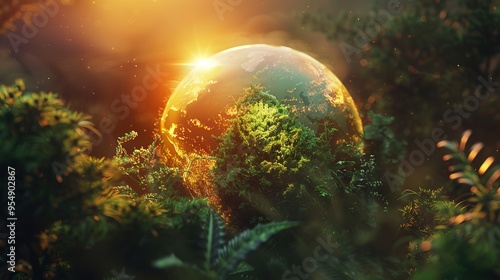 Golden Sun Rising Behind a Lush Green Globe, Symbolizing Environmental Nurturing and Sustainability.Concept of environmental protection, earth care, and ecological balance.