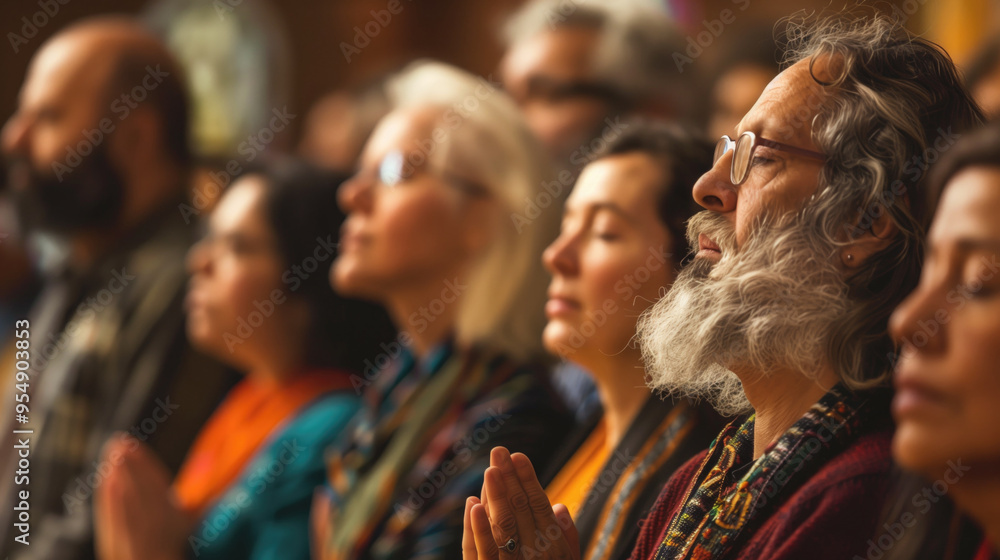 Diverse group of people meditating in a serene indoor setting Diverse group of people meditating in a serene indoor setting