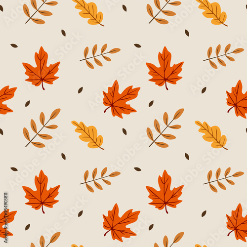 Seamless fall pattern with different leaves on light background Illustration for wallpaper, wrapping paper, fabric, seasonal holidays Vector style