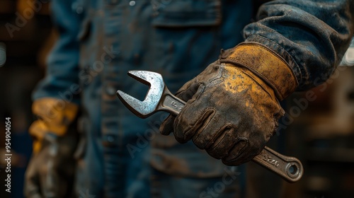 Close-up of a mechanic holding a wrench with worn gloves