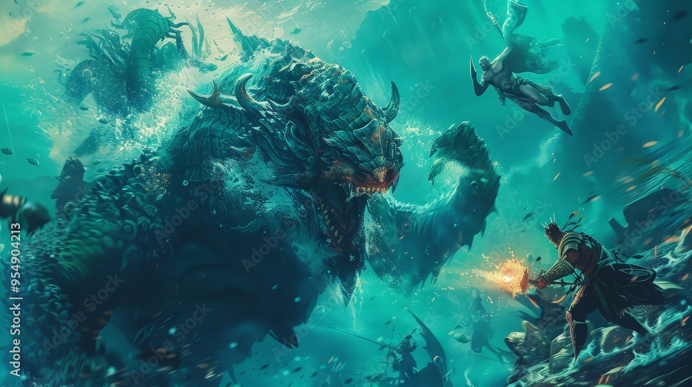 Fototapeta premium An epic battle beneath the waves, where underwater kingdoms and their champions clash over control of the vast resources.