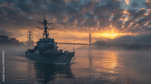 Naval warship sailing through misty waters near Golden Gate Bridge at sunrise.