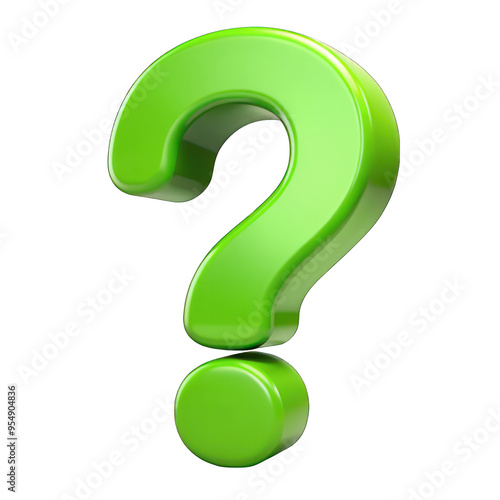 3D stylized green question mark isolated on transparent background