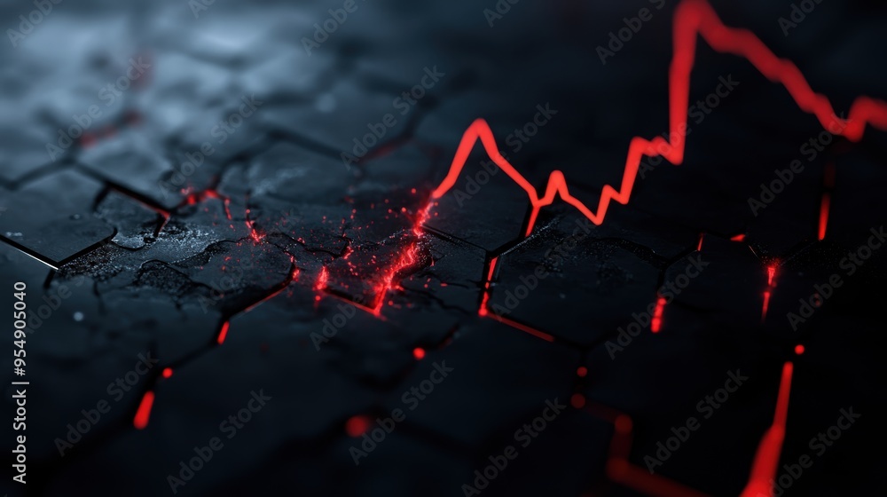 Fototapeta premium A dynamic visualization of an upward trend represented with sharp red lines on a textured dark surface.