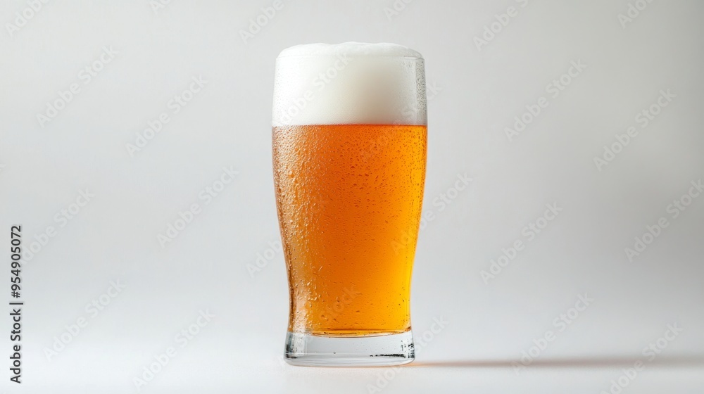 A frosty glass of beer with a foamy head, set against a clean white background, showcasing its refreshing and crisp appearance.
