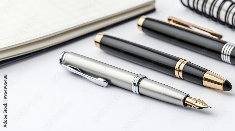Create a white background scene with a collection of high-quality pens and notebooks. Create a white background scene with a collection of high-quality pens and notebooks.