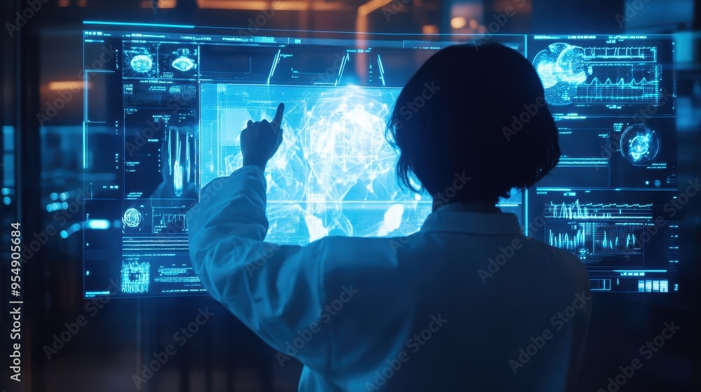 Futuristic Scientist Interacting with Holographic Displays Futuristic Scientist Interacting with Holographic Displays
