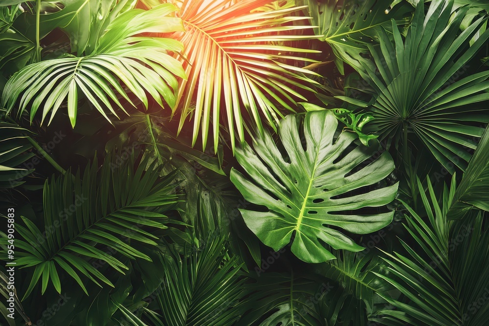 Lush tropical foliage with vibrant orange flowers Lush tropical foliage with vibrant orange flowers