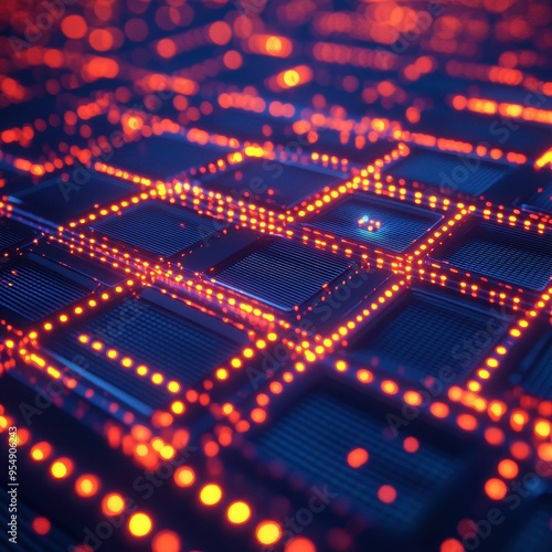 Abstract Technology Background with Red LED Lights and Grid Pattern