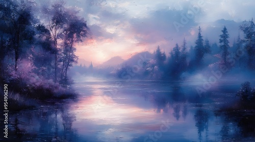 Peaceful Landscape Harmonized in Soothing Shades of Blue and Purple Creating a Calming Atmosphere