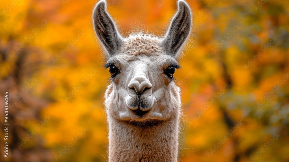 Obraz premium Close-up portrait of a llama with a colorful autumn background
