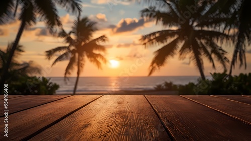 A wooden table with a blurred background of palm trees and the sea, bathed in warm sunlight, set on an island during sunset for product display