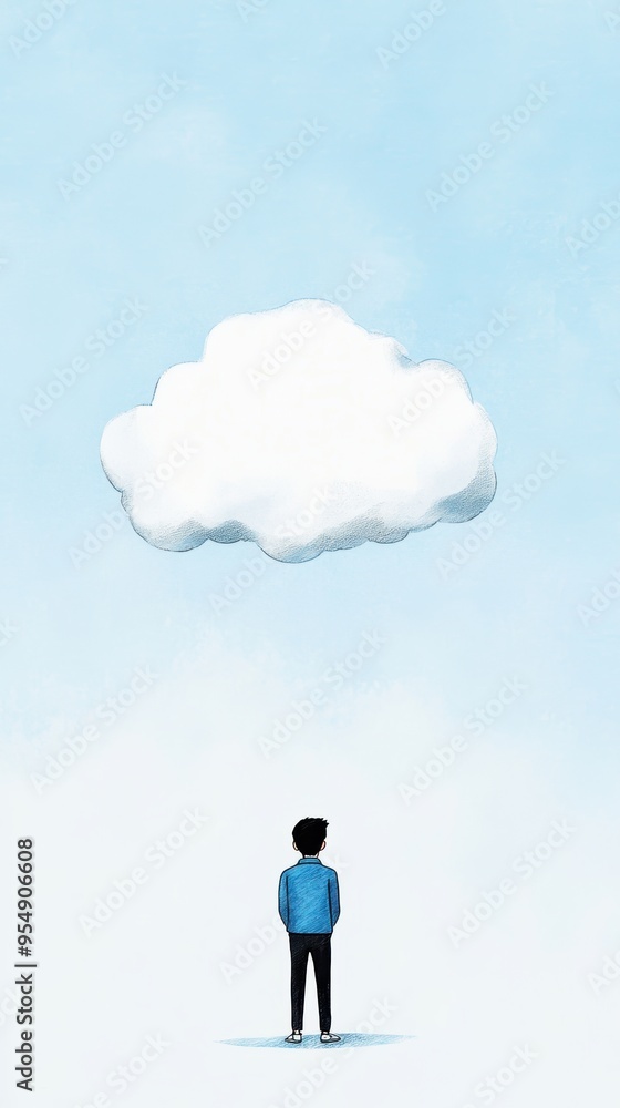 A person gazes at a solitary cloud against a serene blue sky, representing solitude and reflection. A person gazes at a solitary cloud against a serene blue sky, representing solitude and reflection.
