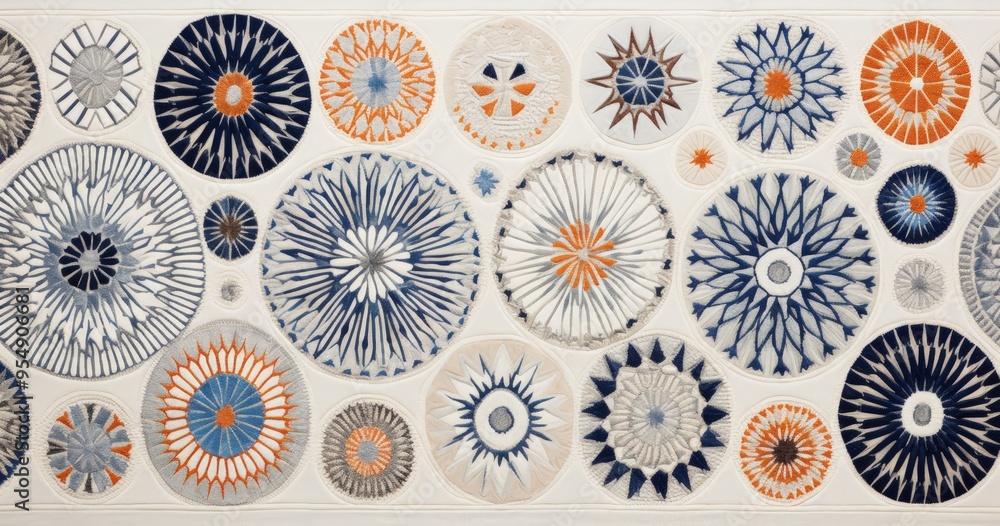 A decorative wall display featuring various circular patterns in blue, white, and orange tones. A decorative wall display featuring various circular patterns in blue, white, and orange tones.