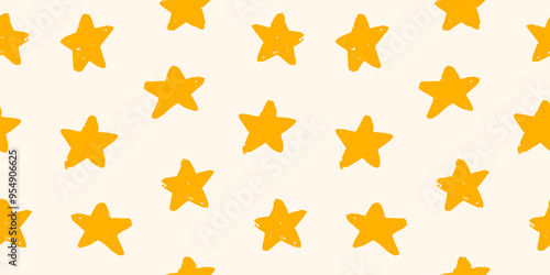 Seamless pattern with various doodle hand drawn stars on light background. Cute textured brush strokes, wrapping paper.