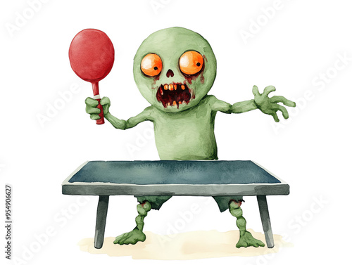 A playful zombie character holding a ping pong paddle, ready for a fun game at a table, showcasing humor and creativity.