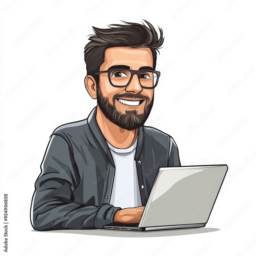 Cartoon Illustration of a Smiling Young Man Working on a Laptop in a Relaxed Setting, Representing Freelancing, Remote Work, or Studying in the Digital Age Cartoon Illustration of a Smiling Young Man Working on a Laptop in a Relaxed Setting, Representing Freelancing, Remote Work, or Studying in the Digital Age
