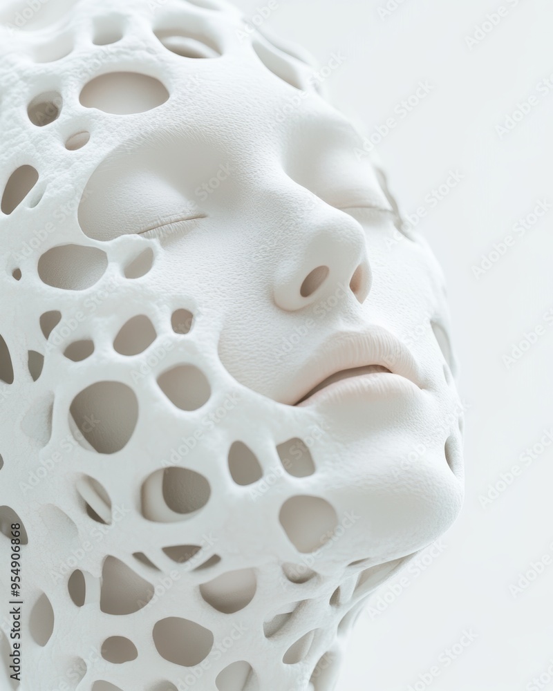 A sculptural representation featuring a white, porous face that evokes notions of beauty, fragility, and modern art.
