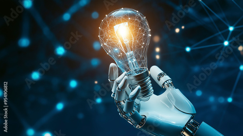 Robot hand holds a glowing light bulb representing innovation and technology on a blue background with a network effect