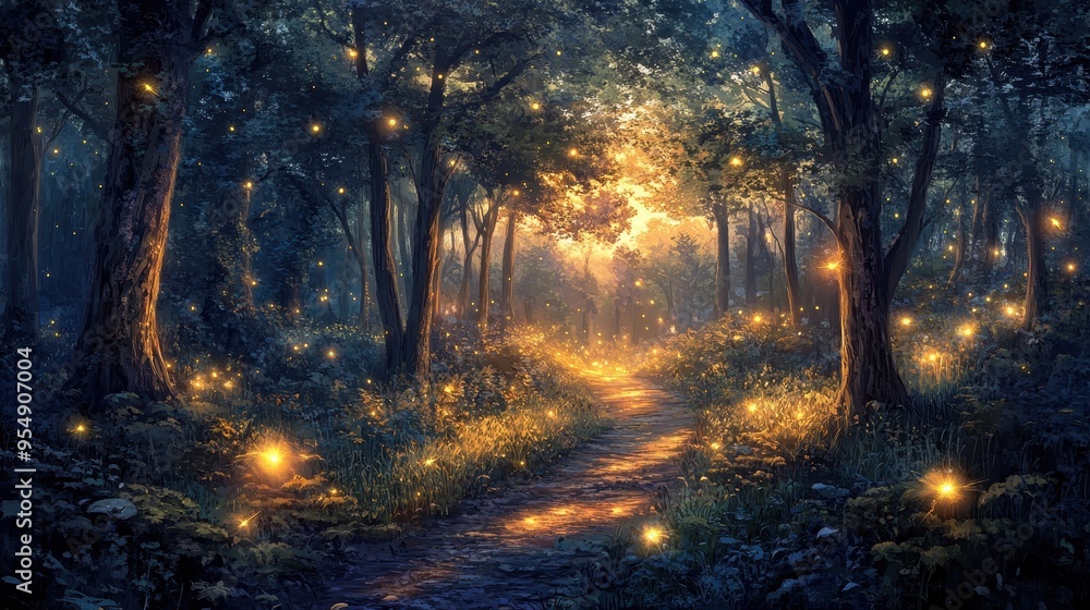 Obraz premium Magical Forest Path with Glowing Fireflies at Night.