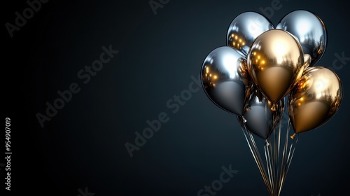Metallic Gold and Silver Balloons on Dark Background - Birthday Party Celebration Decoration
