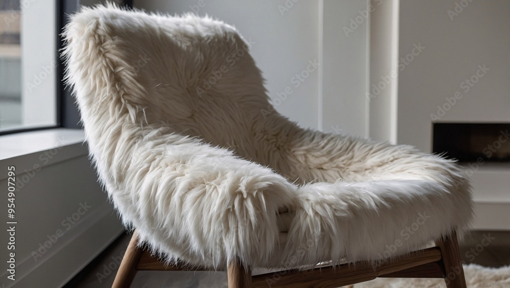 Modern Chair with White Faux Fur, Showcasing Minimalist Design and Organic Wood Curves. Modern Chair with White Faux Fur, Showcasing Minimalist Design and Organic Wood Curves.