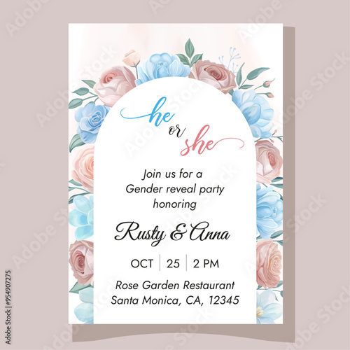 Pink and blue floral gender reveal party invitation template Boy or girl