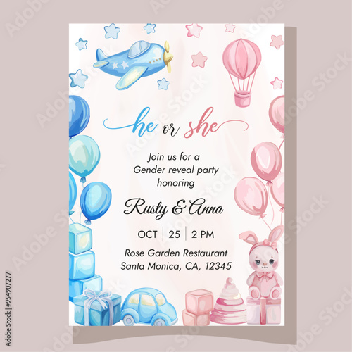 Cute gender reveal party invitation template with pink and blue baby toys and decorations