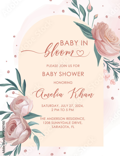 Baby shower invitation template with branch of pink flowers