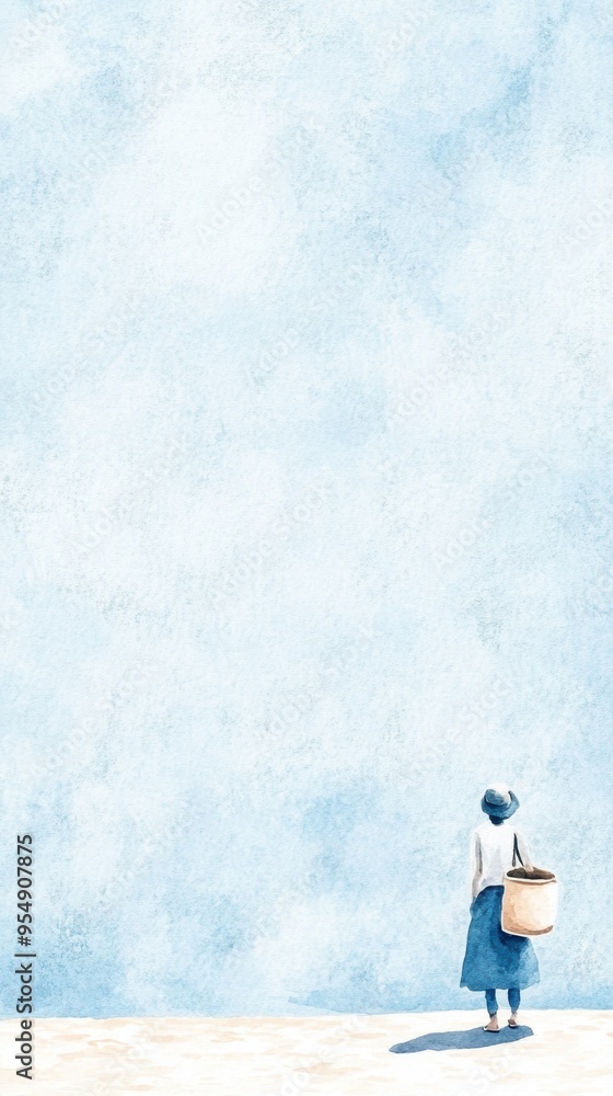 A solitary figure carries a basket against a soft blue backdrop, reflecting tranquility and simplicity in everyday life. A solitary figure carries a basket against a soft blue backdrop, reflecting tranquility and simplicity in everyday life.