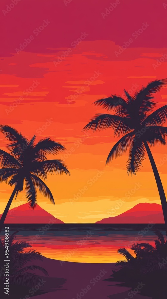 Obraz premium A stunning sunset over the ocean with silhouettes of palm trees, creating a serene tropical vibe and vibrant colors in the sky.