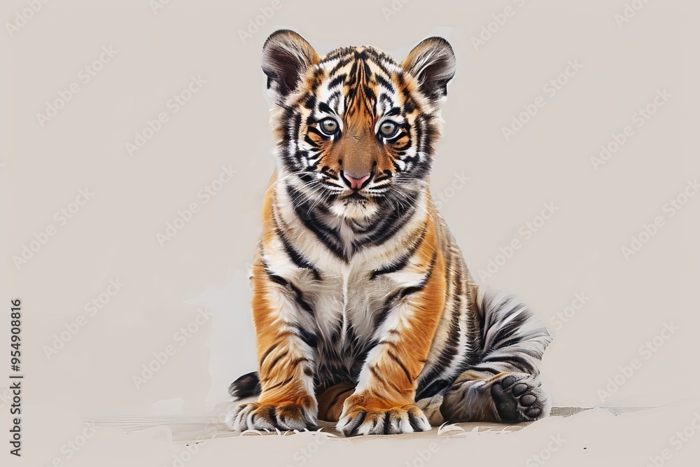Obraz premium Featuring a cute baby Northeast Tiger in cartoon and Chinese ink painting style, this digital art depicts the tiger sitting on the ground, smiling at you.