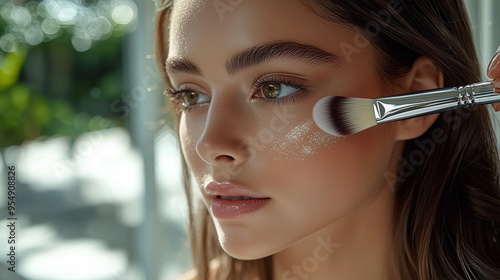 beauty artist applying highlighter to a model's cheek in a well-lit daytime studio. The artist uses a brush to gently highlight the model’s radiant complexion. The studio has bright natural light comi photo