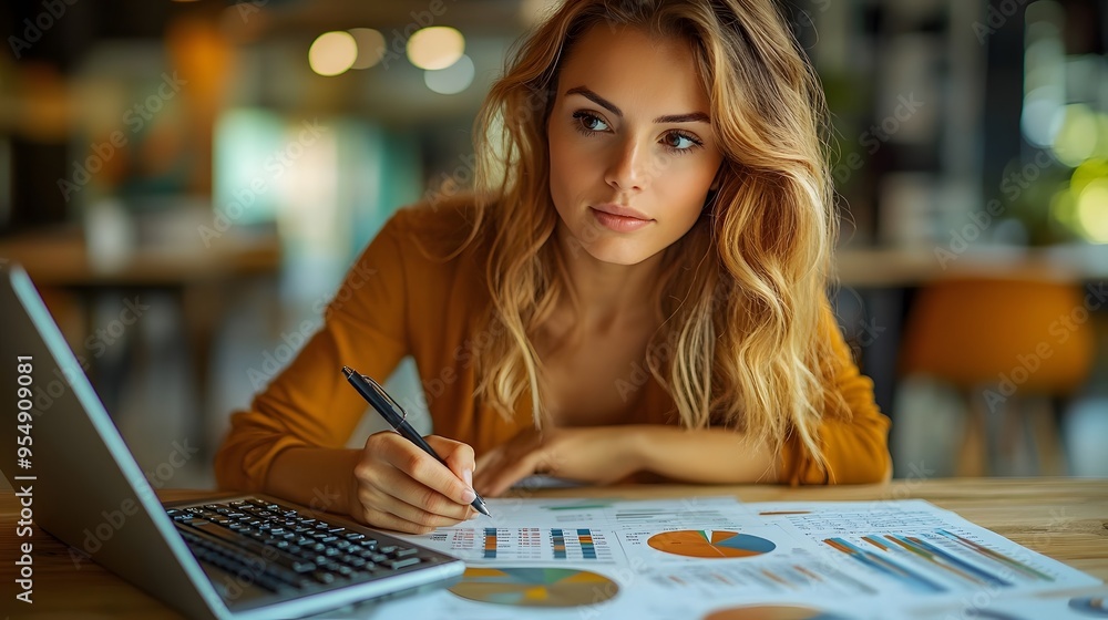 Close-up of a woman budgeting at her desk, calculator in hand, with a laptop displaying a financial report. Close-up of a woman budgeting at her desk, calculator in hand, with a laptop displaying a financial report.